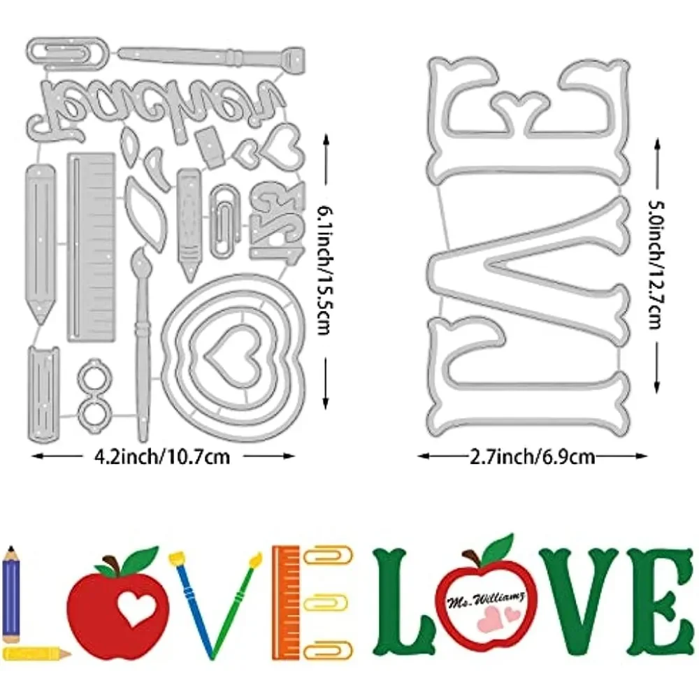 2 Style Teacher's Day Theme Metal Cutting Dies Love The Teacher Apple Stationery Embossing Stencil Template for Making Photo