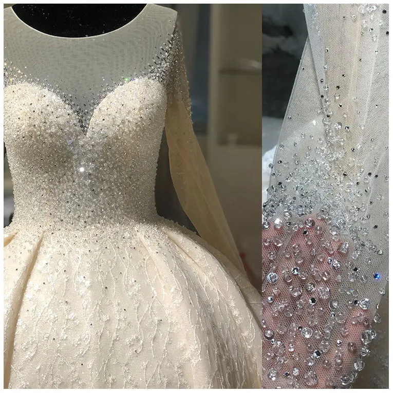 Customized Custom Luxury Beaded Sequin Bridal Wedding Dress Gorgeous Handmade Long Sleeve Lace Ball Gown