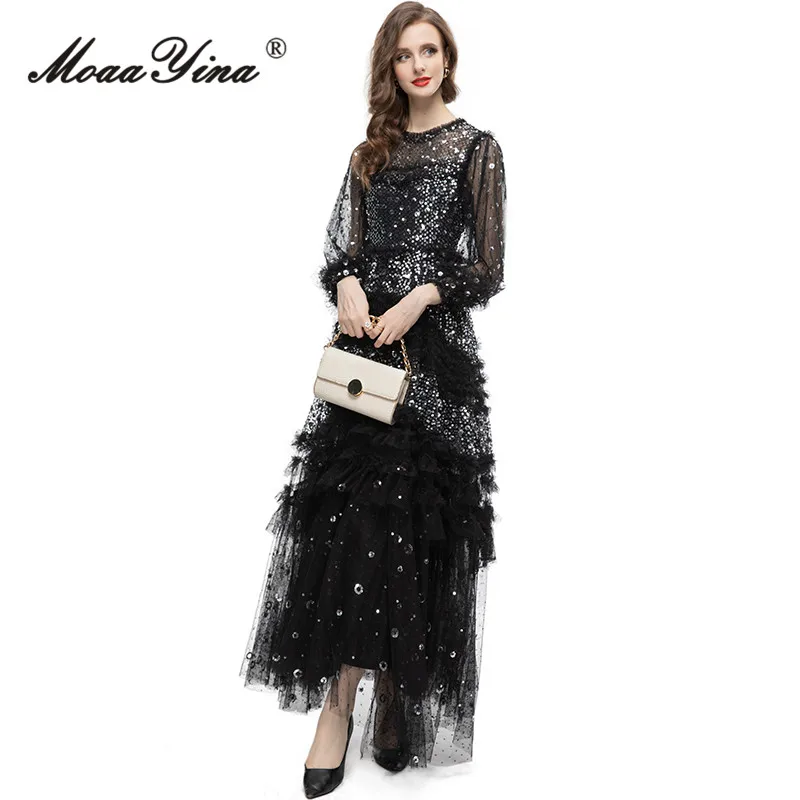 MoaaYina Summer Fashion Designer Black Vintage Party Dress Women's O Neck Sequins High Waist Slim Mesh Ruffles A-LINE Long Dress