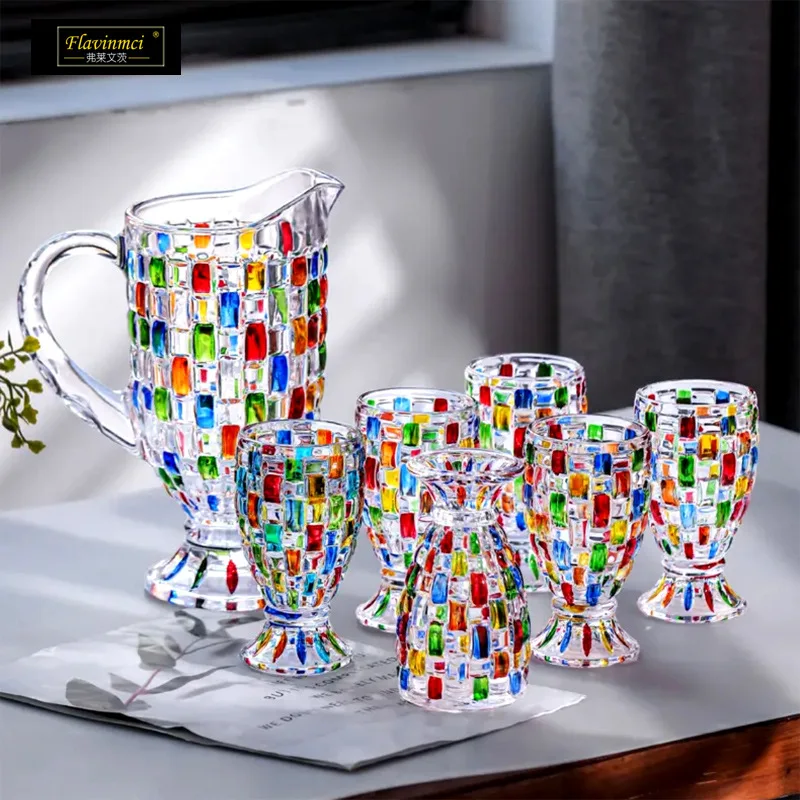 A pot of 6 cups hand-painted crystal glass cooling kettle water cup glass beverage cup juice cup set