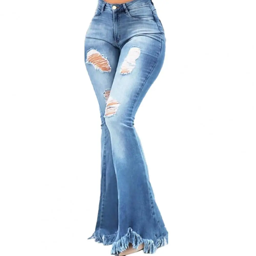 Full Length Denim Flare Capris Pants Pocket Holes Bell Bottom Trousers Boot Cut Ruffle Denim Pants Women Flare Jeans