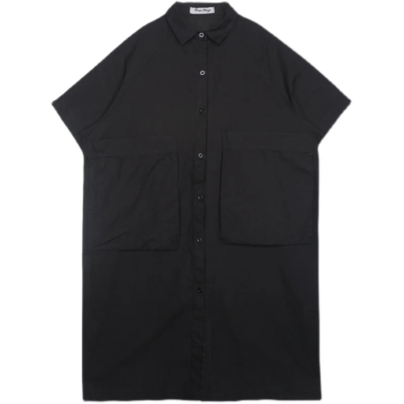 Men Women Couple Japan Korea Streetwear Vintage Loose Casual Big Pocket Long Dress Shirt Male Black Short Sleeve Shirts Oversize