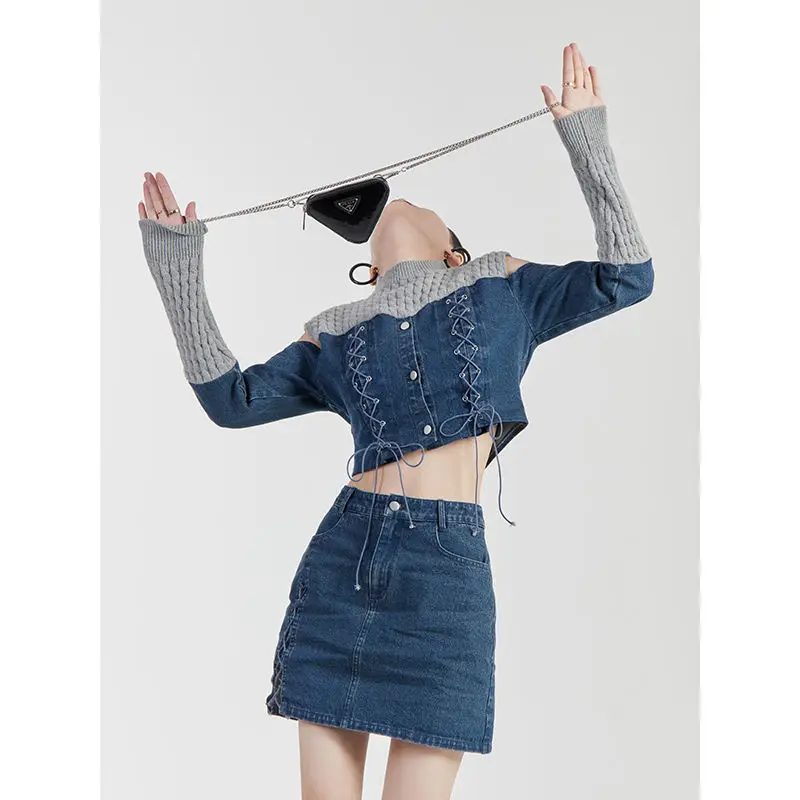 Sexy Fashion Denim Suit New Style Vintage Kintted Spliced Button Lace-up Bow Off-the-shoulder Top Short Dress