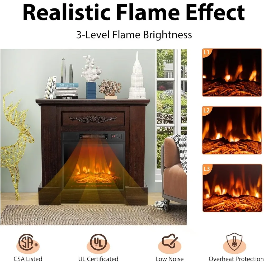 COSTWAY Chimenea eléctrica de 32 pulgadas con repisa, calentador de chimenea independiente de 1400 W con control remoto, termostato, temporizador de 6 horas, A