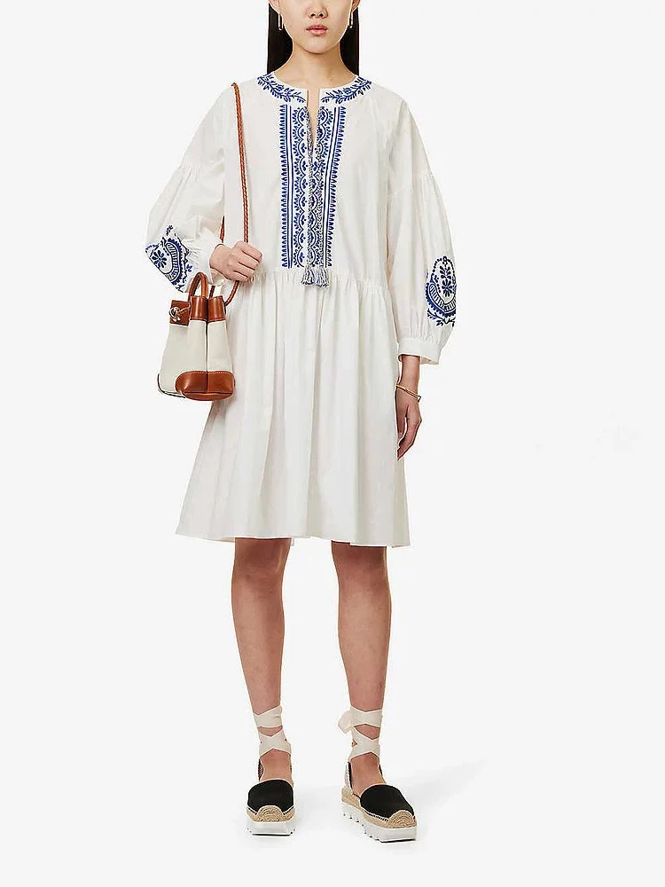 

White Embroidery Cotton Loose Women's Dresses Ethnic V-Neck Tie Lantern Sleeve Holiday Style Dresses 2024 Summer New