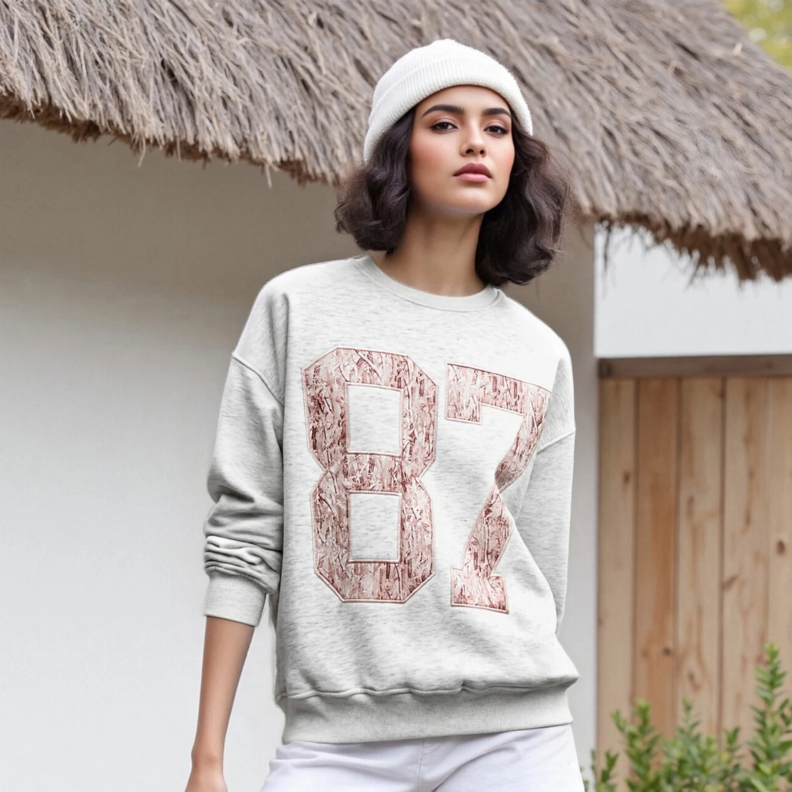 Sweat-shirt à manches longues pour femmes, col rond, chiffres brodés, pull à capuche, hauts décontractés