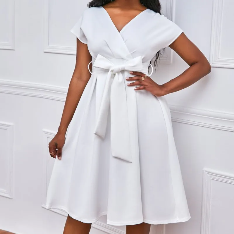 

dresses 2025 woman vestidos para mujer solid color dress v-neck waist cinching bow strap big swing dress long dresses for woman