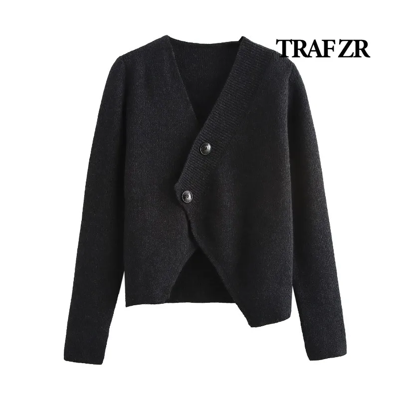 TRAF ZR Asymmetrical Cardigan Ladies Long Sleeve Black V-neck Cardigans Women's Autumn Sweater Harajuku Vintage Knit Cardigan