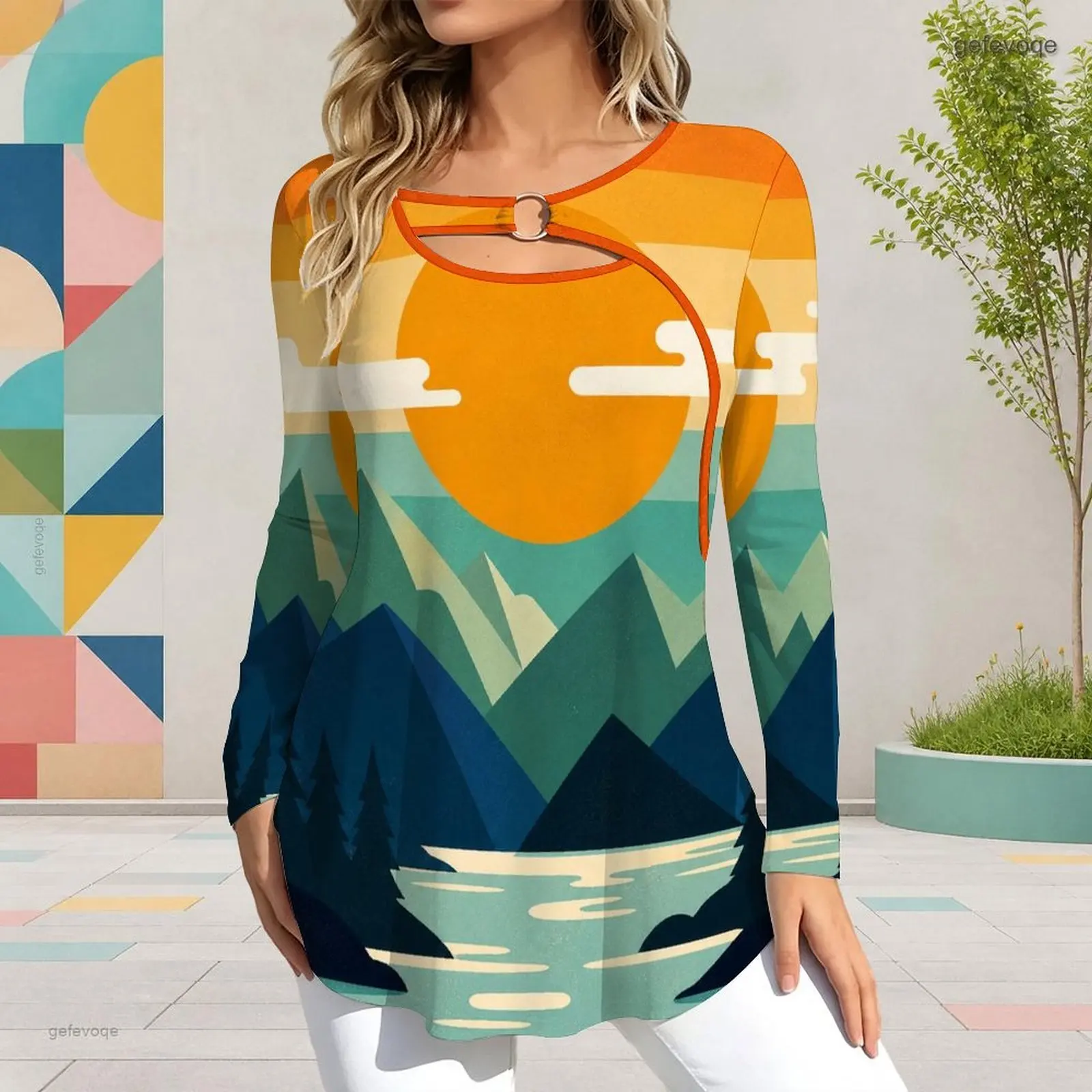 Keyhole Ring Neck Long Sleeve Flared Hem Printed Top for Women