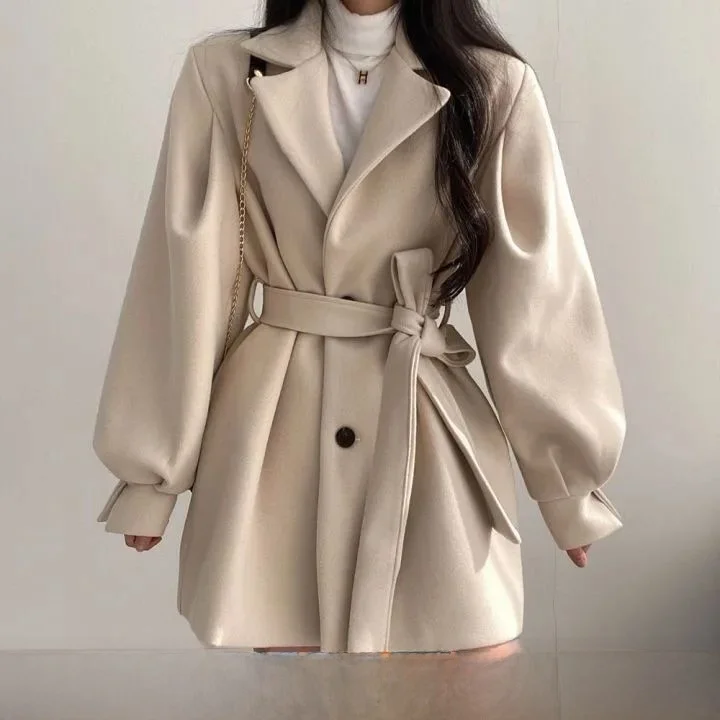 Abrigo de lana estilo coreano chic para otoño e invierno, cuello de traje, longitud media, talla pequeña, chaqueta de lana pa...