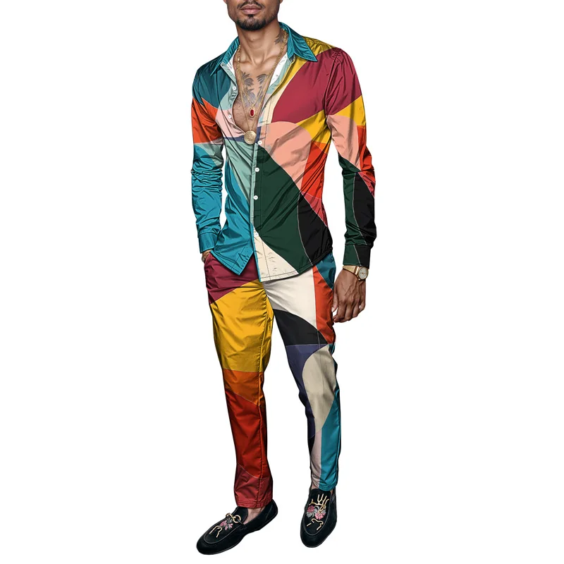 Autumn Colorful Abstract 3D Print Men Harajuku Clothing Suits Tracksuit Long Sleeve Shirt Long Pants Two Piece Sets Clothing
