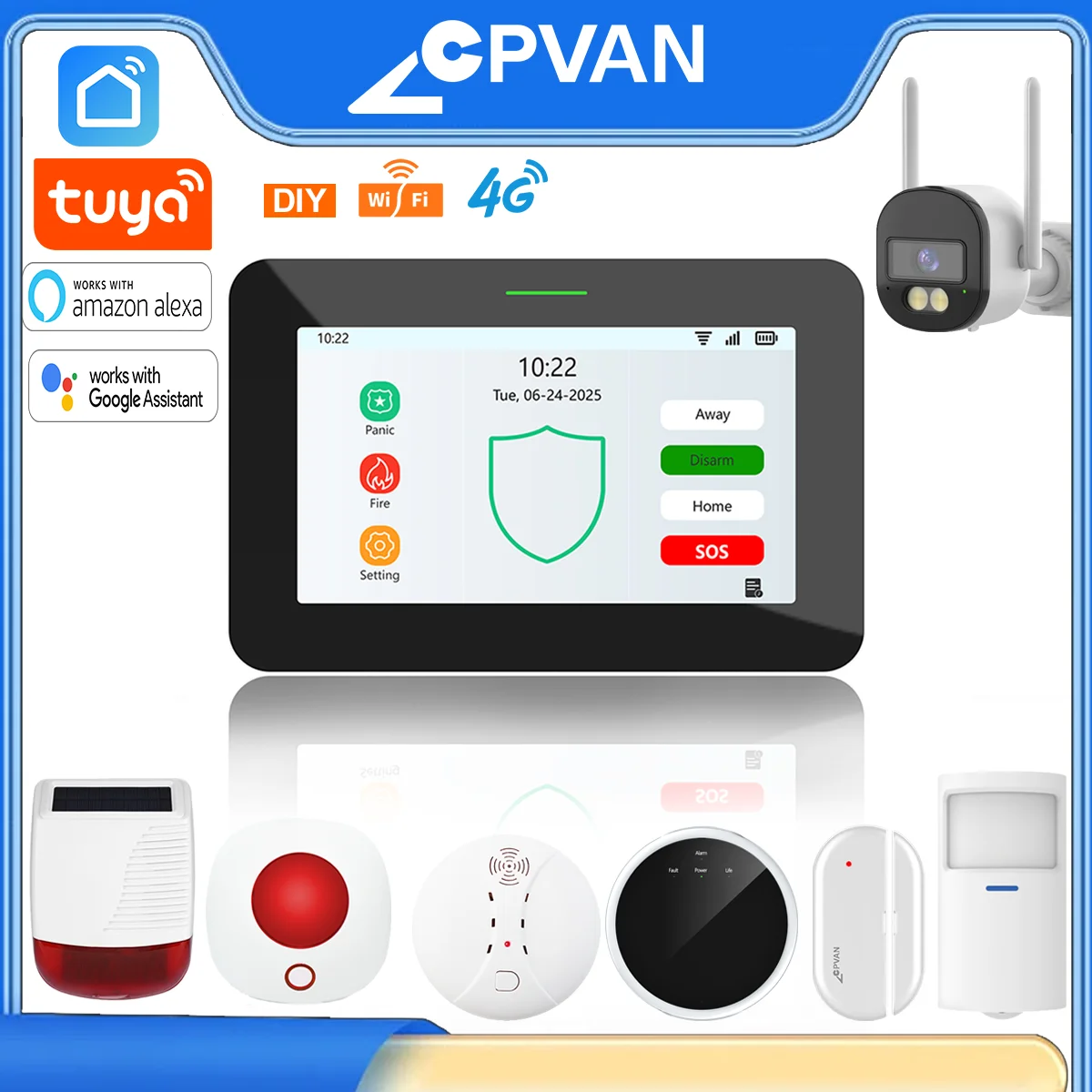 CPVAN Wireless WiFi Tuya Smart Home Alarm System Home Burglar Security Protection Alarm DIY Kit Alarm Built-in 5000mAh Battery
