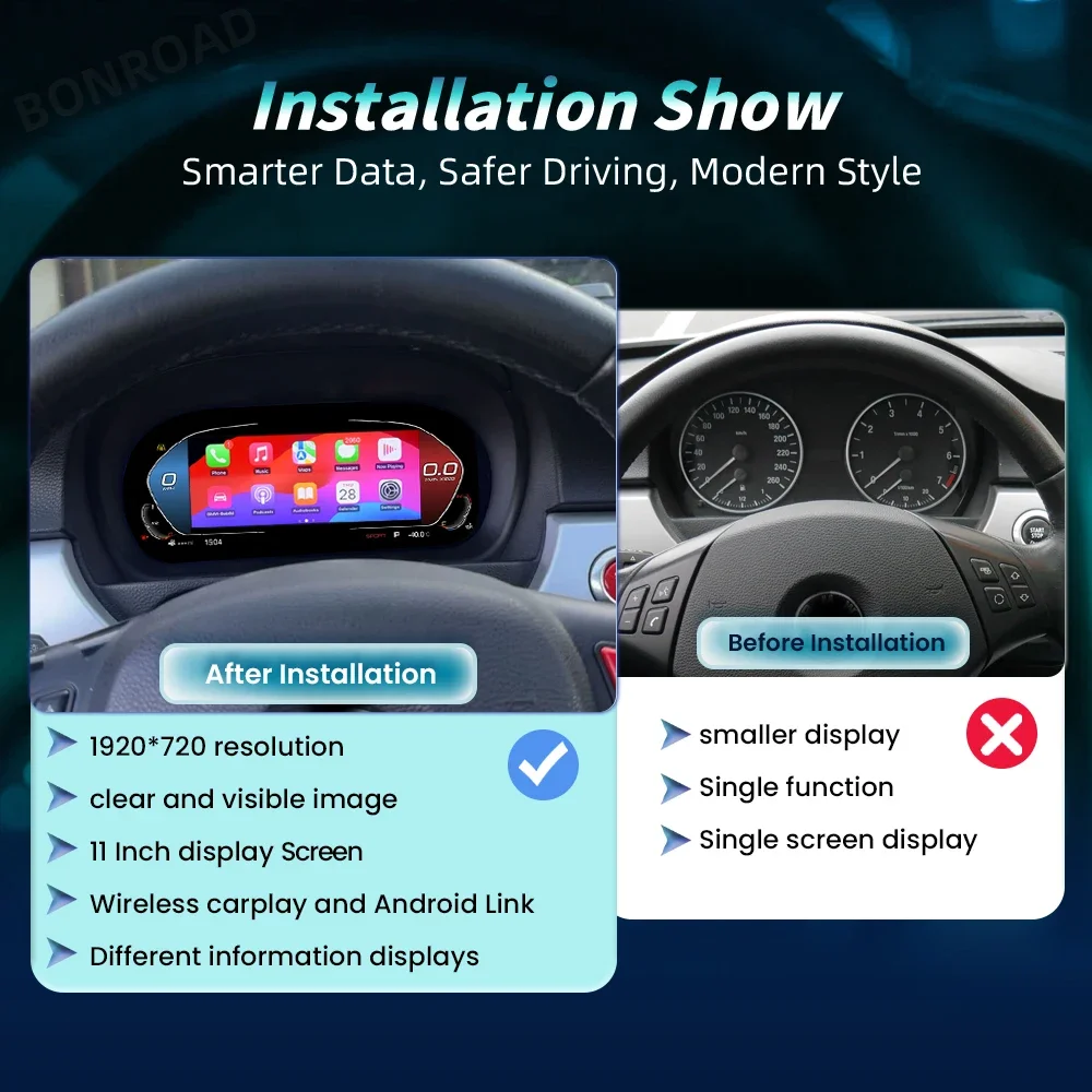 Linux 11” 1920*720P Wireless Carplay Android Auto Digital Instrument For BMW 3 Series E90 E91 E92 Dashboard Speedometer