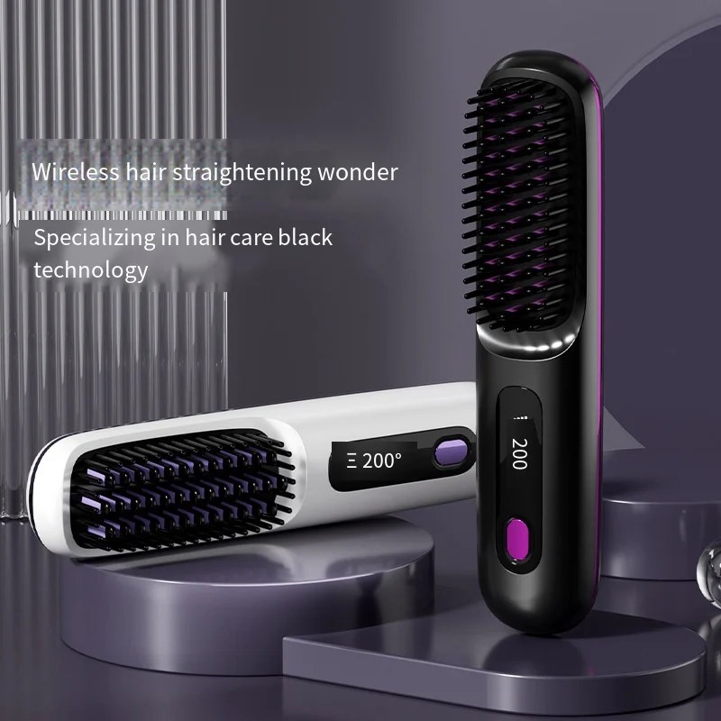

Mini Wireless Cordless Hair Straightener Brush LED Temperature Display Portable Electric Negative Ions Ceramic Hot Comb Brush