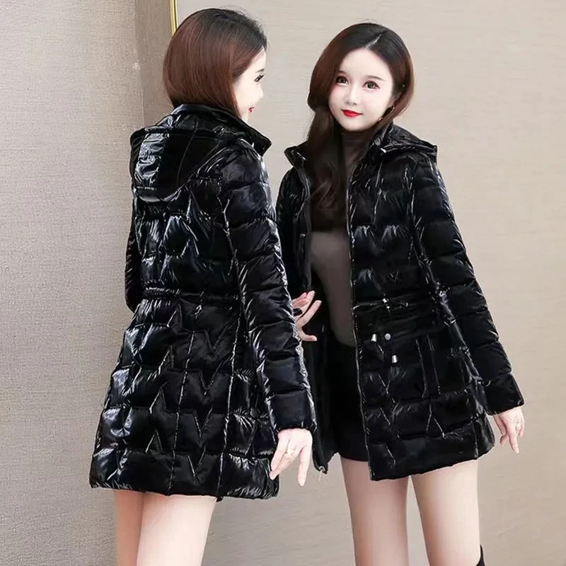Casaco feminino acolchoado de algodão brilhante e perolado, longo, fino, com capuz, acolchoado, jaqueta quente, casaco feminino, Novo, 2023