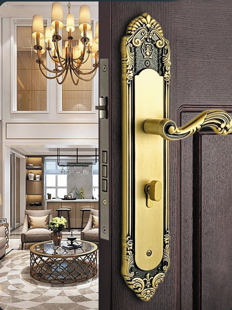 Extended silent door lock full copper villa bedroom coffee color neoclassical interior solid wood