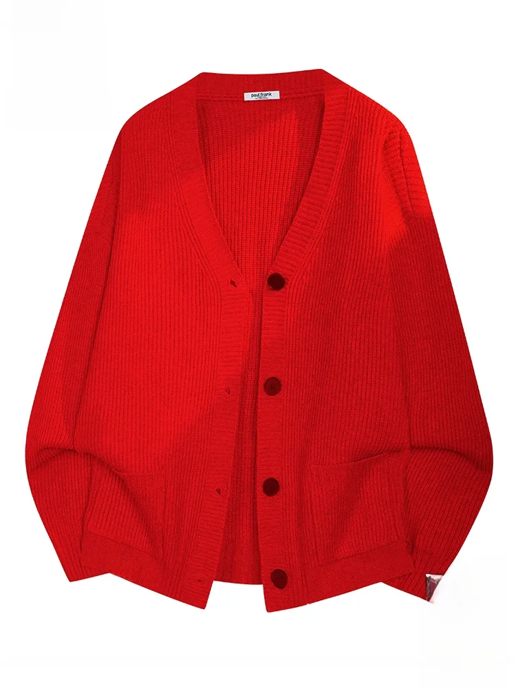 

PaulFrank Red V-Ne Knitted Open Cardigan Men's Spring Year of Birth Sweater Jaet Casual Sle Polyester Blend Long Sve