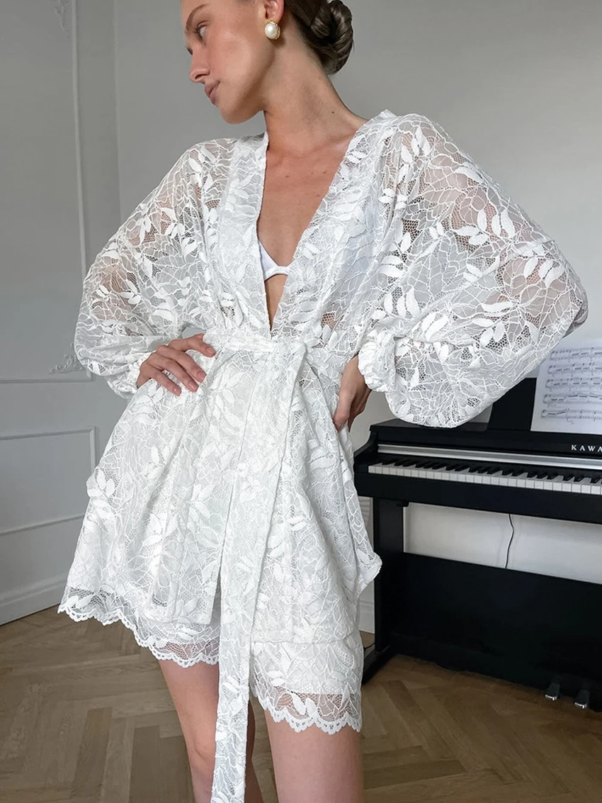 Marthaqiqi Lace Ladies Nightwear Suit Lace Up Pajama Long Sleeve Nightgown Sexy V-Neck Sleepwear Shorts Loose Female Nightie Set