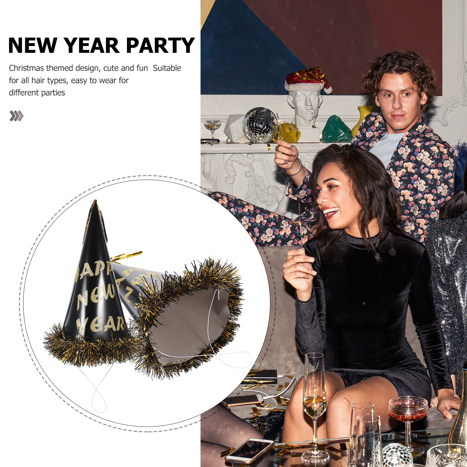 

2Pcs New Year Party Hats Black and Gold Paper Cone Hats for Adults 2024 Happy New Year Party Supplies Decorations Celebration