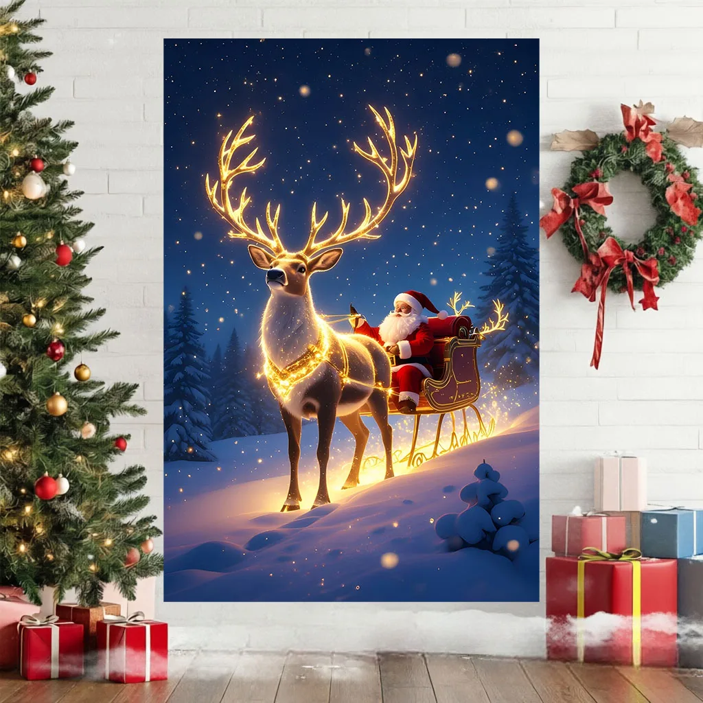 Christmas Santa Sleigh Reindeer Tapestry, Xmas Holiday Wall Blanket, Home Bedroom Living Room Christmas Party Background Decor