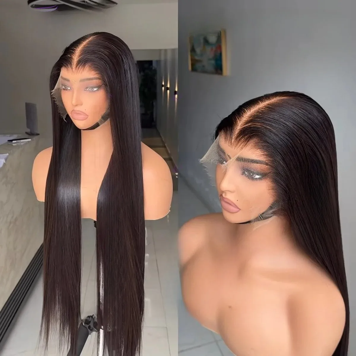 Black Bone Straight Wig HD13x4 Synthetic Frontal Lace Wig Natural M Shaped Hairline Glueless Pre Plucked For Women Daily