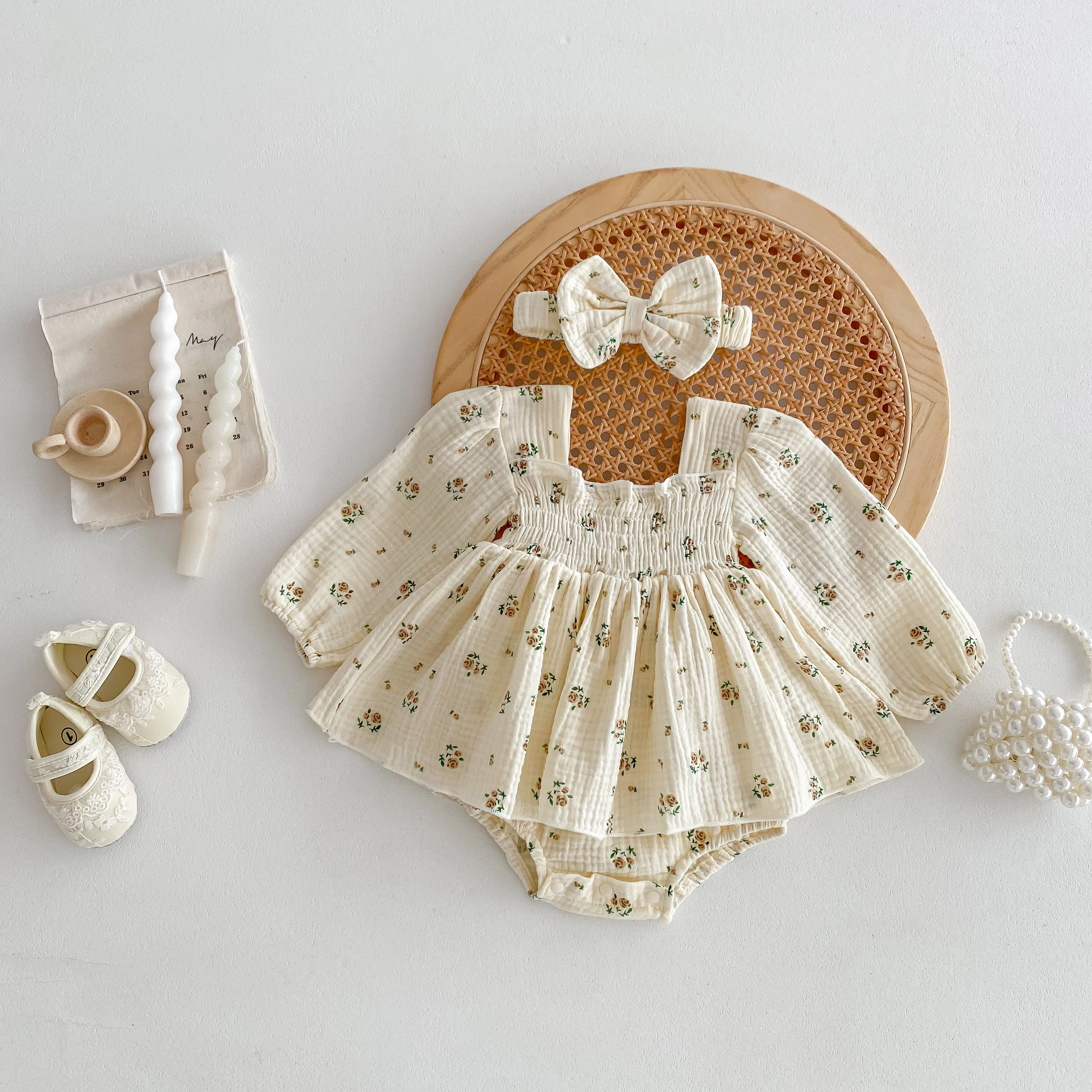 INS style Baby's Spring Autumn Jumpsuit Baby Girl's Princess Hare  Small Floral Dress Western style Sweet with Headband Dress