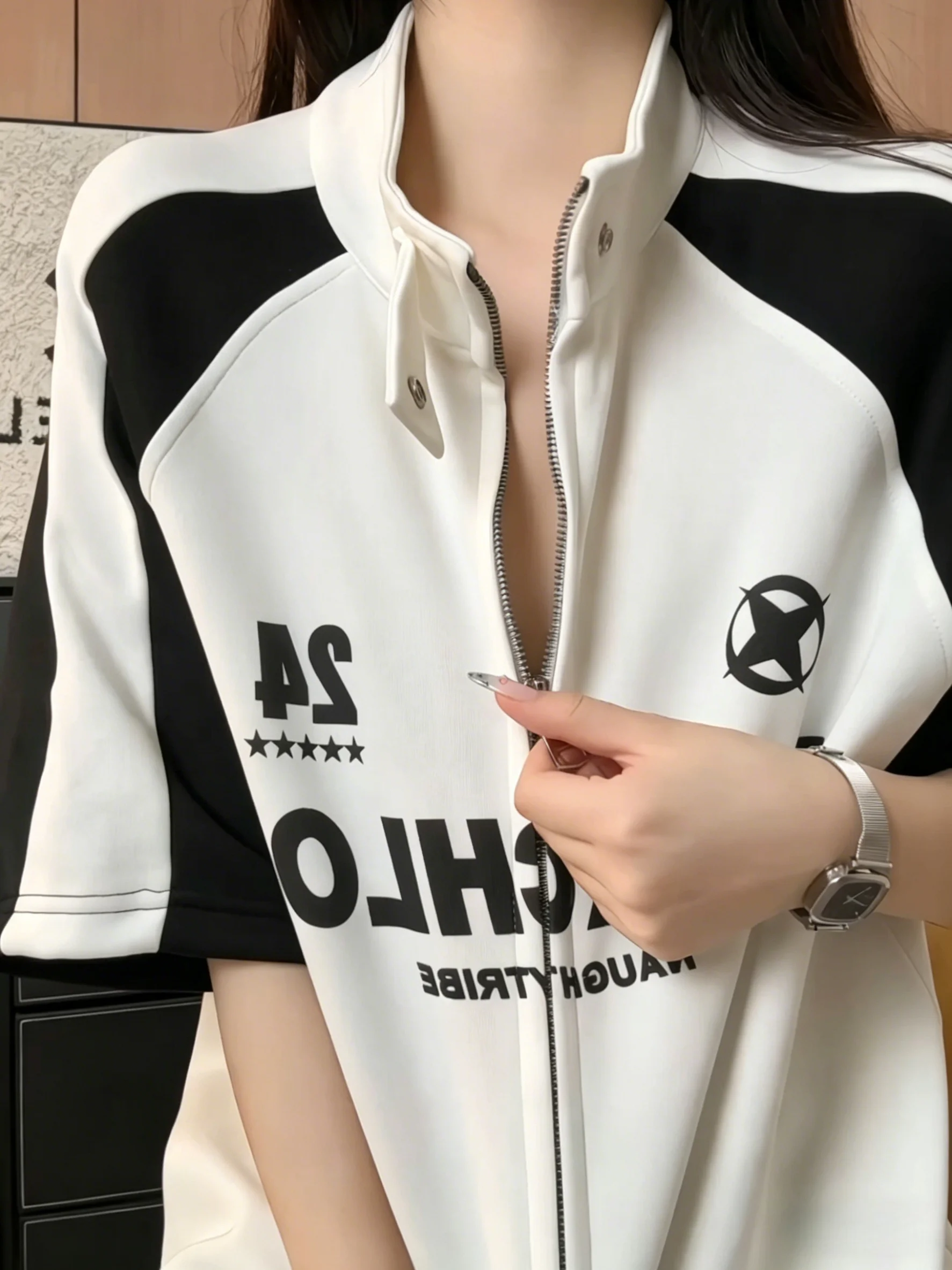 Unisex Zipper Color Block Short Sleeve T-Shirt Motorcycle Style High Street Neutral Summer Fashion Couple's Shirt Casual Brea...