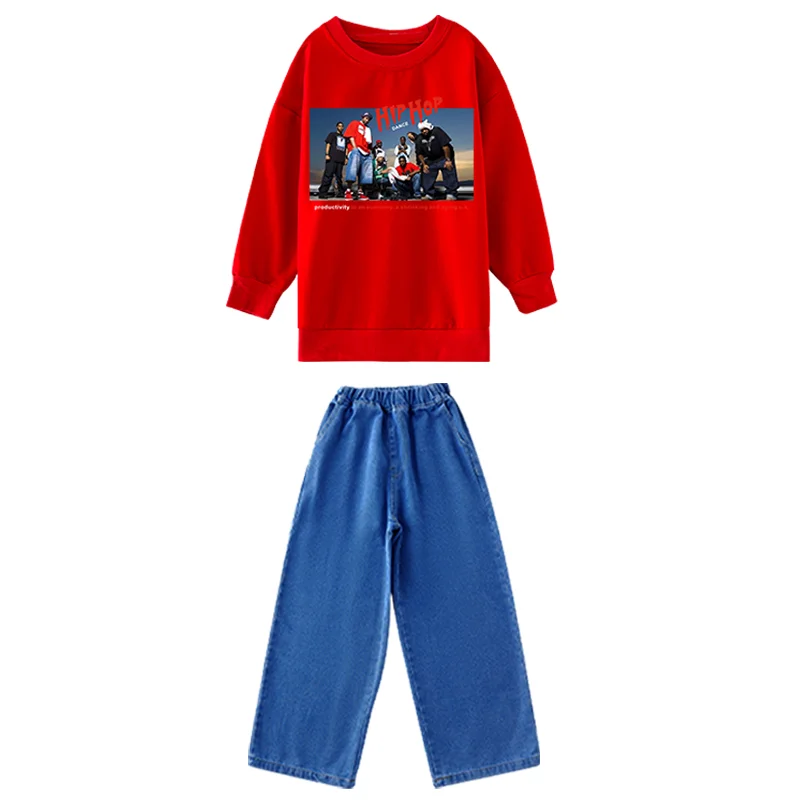 Hip Hop Girls Sweet Crop Tops Sweatshirt Boys Street Dance Pants Joggers Child Jazz Denim Pants Outfits Kids Cheerleader Clothes