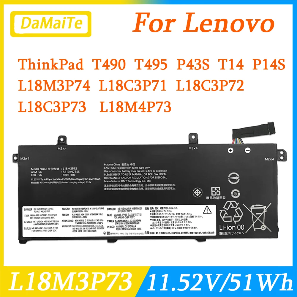 L18M3P73 L18L3P73 L18M3P74 batería del ordenador portátil para Lenovo ThinkPad T490 T495 P43S L18C3P72 SB10T83122 02DL007 11,52 V 51Wh