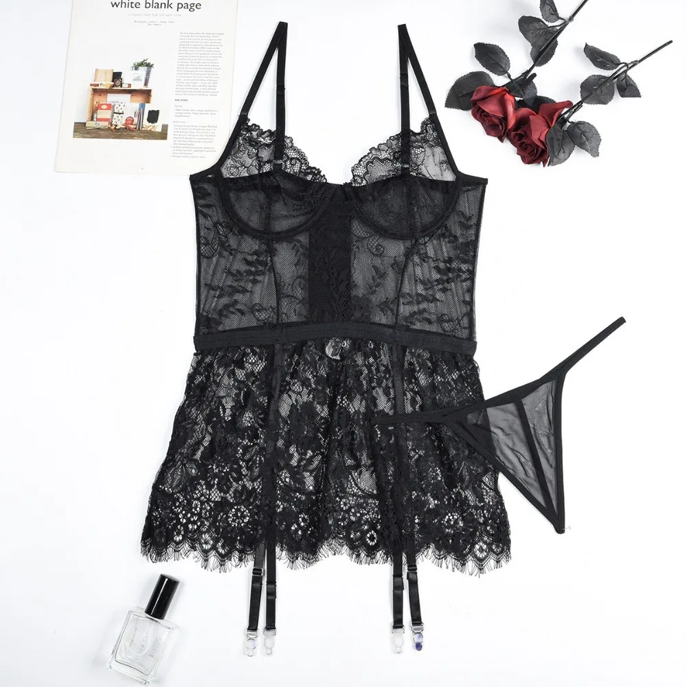 Sexy Lace Lingerie Sets Exotic Sleepwear See Through Night Dress Sexy Nightwear and G-String Thongs Fantasy Underwear for Women - Image 6
