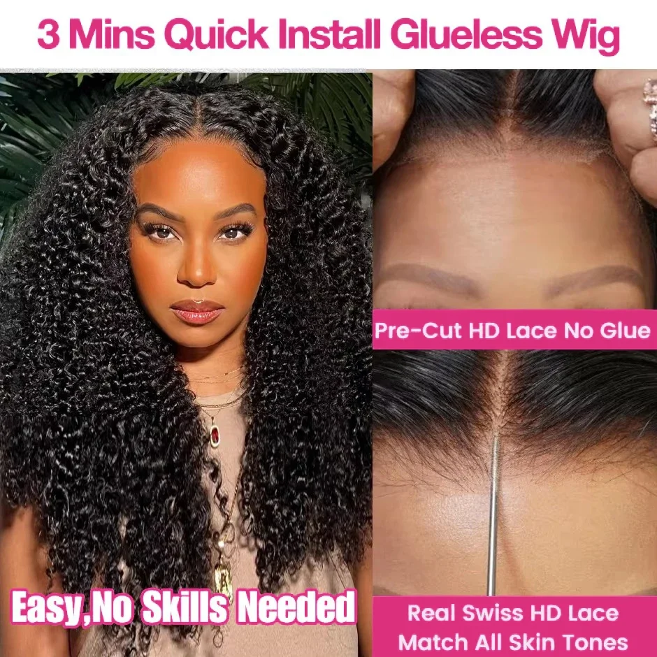 10A Glueless Wigs Human Hair Wigs Ready To Wear Bleached Knots 7x5 Pre Cut HD Transparent Glueless Lace Wigs Kinky Curly Wig100%