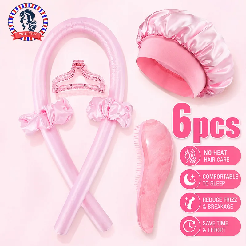 6PCS Heatless Curling Set Overnight Hair Curler Satin Bonnet Detangling Comb No Damage DIY Hair Styling Tool for Women