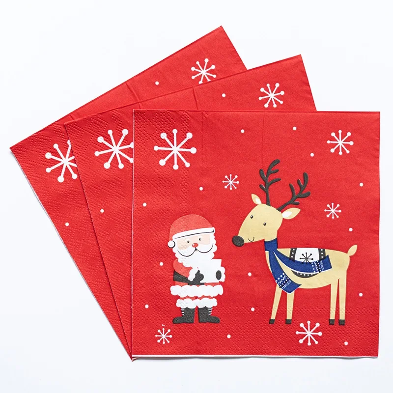 20pcs/Pac 33cm 2-Ply Red Cartoon Santa Claus and Deer Printed Napkins Christmas Party Colorful Handkerchief Square Napkins