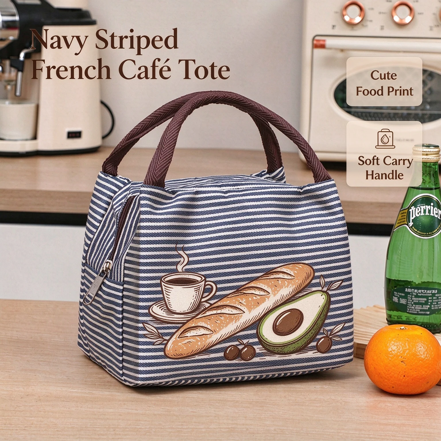 Vintage French Baguette Coffee Avocado Print Lunch Tote, Thermal Insulated Waterproof Lunch Bag for Work Outdoor Picnic