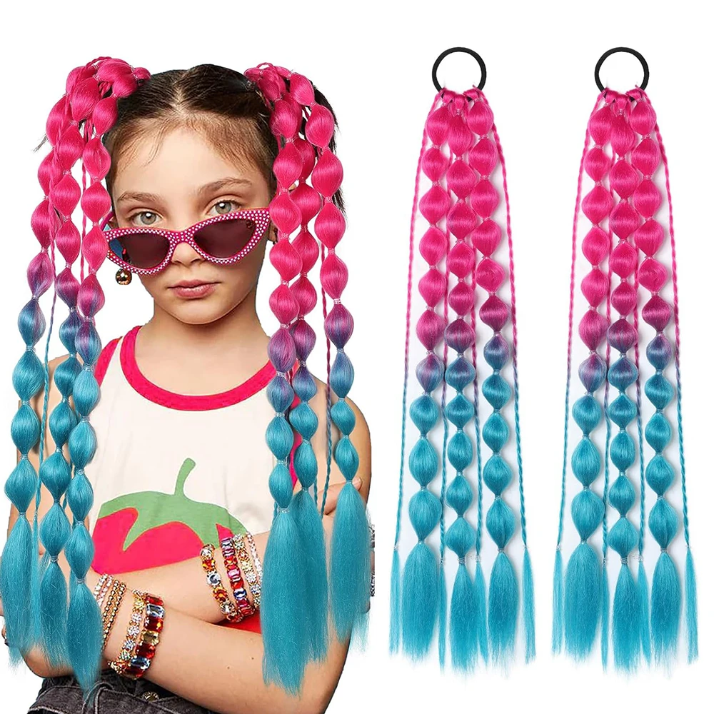 Sylhair Colored Hair Extensions Synthetic Corlorful Bubble Braid Ponytail Extension for Kids Girls 2Pcs Handmade Hairpiece