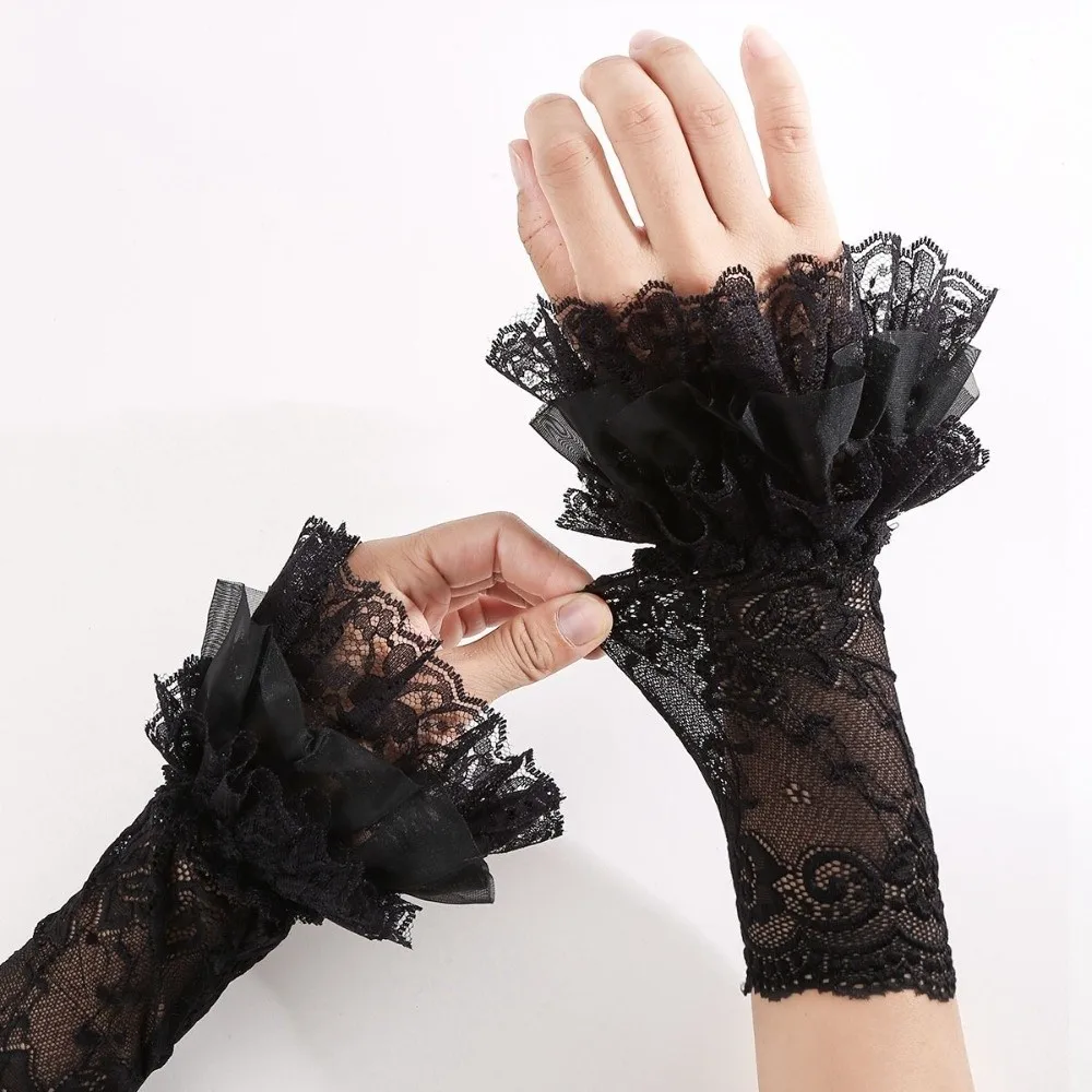 1pair Fashion Muti-Layer Fingerless Gloves Lace Long Horn Cuffs Mesh Flared Sleeves Arm Fake Sleeves Girls