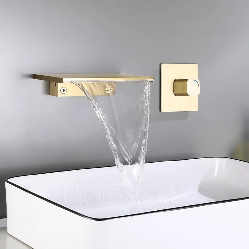 

Brushed gold Bathroom wall installation brass waterfall water tap Single Handle faucet widespread basin faucet