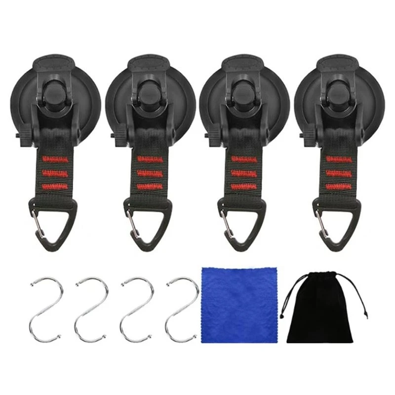 Car Camping Accessories Heavy Duty Suction Cup Hooks 4 Pieces Essential Upgraded Tie Down For RV Boat Window Glass