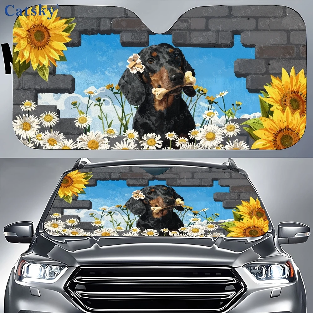 Black And Tan Dog Sitting In A Field Of Sunflowers Car Auto Sunshades Car Sunshade, Front Window Sun Cover For Car, Auto Sunshad