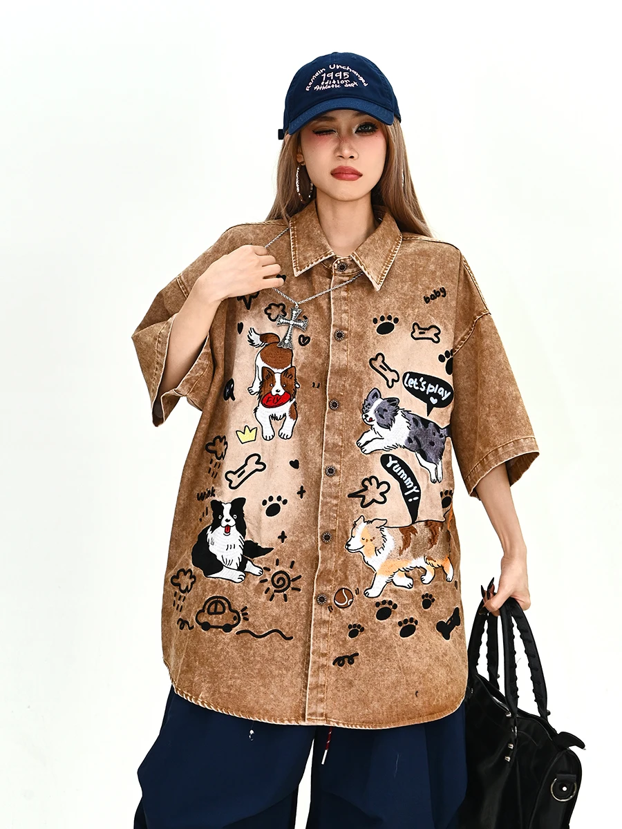 Lazy Doggies Summer 2026 Women's Loose BF Style Retro College Casual Loose Short Sleeve Denim Shirt Streetwear Floral Embroidery