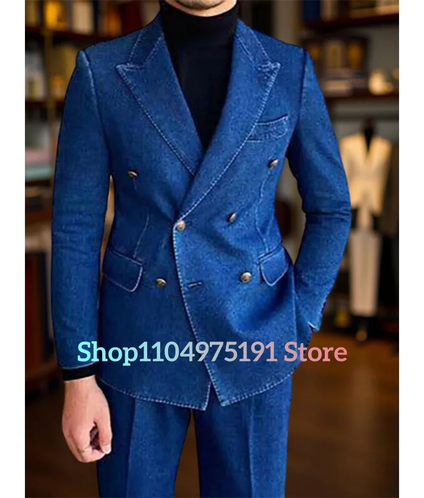 عالية الجودة مزدوجة الصدر الأعمال عادية الراقية الأزرق الدنيم الرجال دعوى قطعتين مجموعة (السترة + السراويل) الرجال المرحلة زي #6