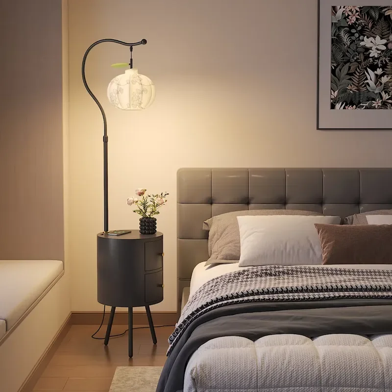 Modern Floor Lamp With Side Table And Drawers Zen Standing Light For Living Room Sofa Bedroom Headboard Decorative Storage