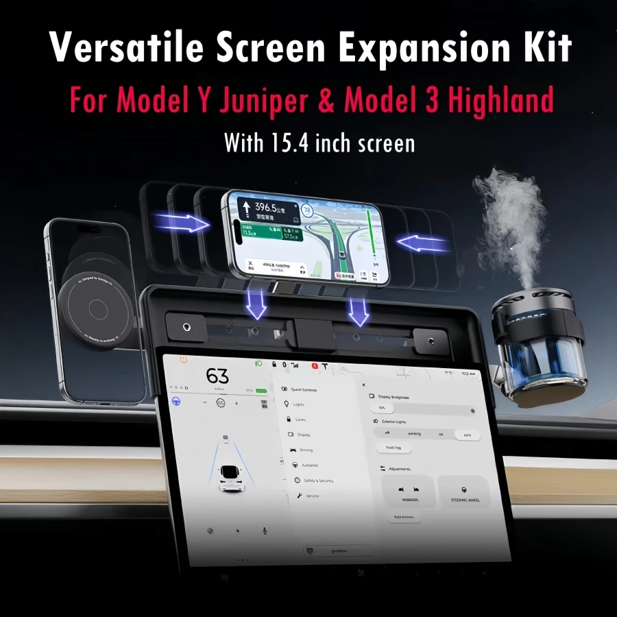 Versatile Screen Expansion Kit For Tesla Model Y Juniper & Model 3 Highland With 15.4 inch Screen Adjustable Phone Holder