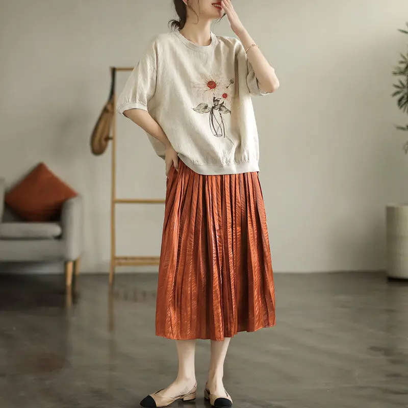 Women Summer Simplicity Loose Vintage Cotton and Linen O-neck Short Sleeve T-Shirt Women Clothes Casual All-match Printing Tops