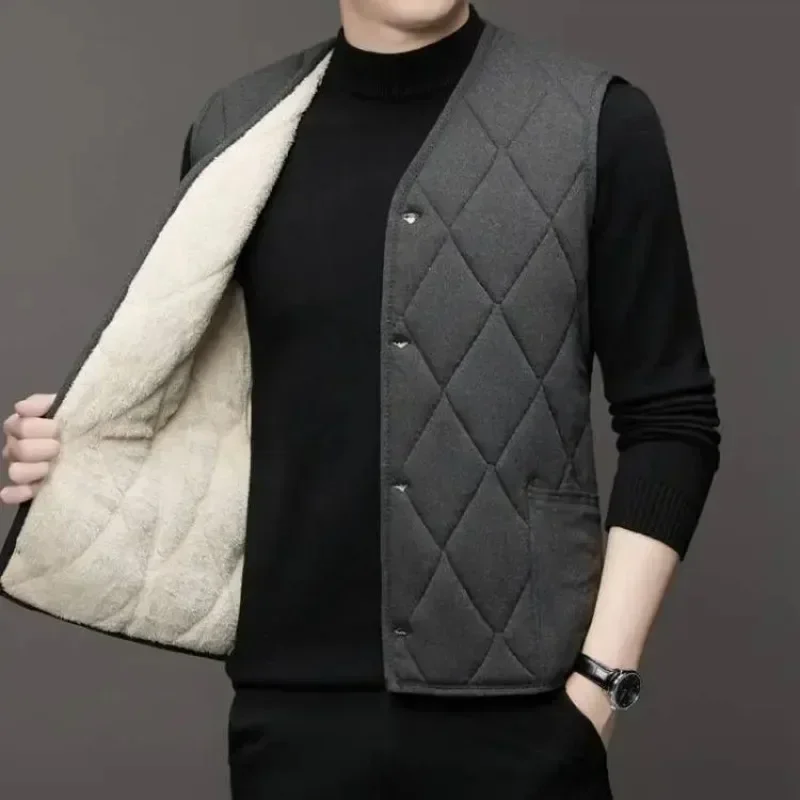 

Autumn Winter waistcoat Men Lamb Fleece Coat Vest Button Cardigans Thicken Warm Solid V-Neck Casual Plaid Jackets
