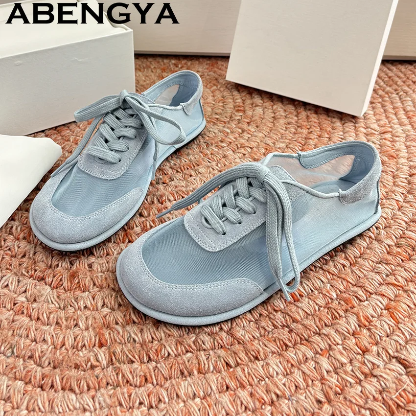 

Lace Casual Breathable Running Shoes for Women Summer Round Toe Lace Up Flat Shoes Comfortable Oxfords Bottom Balance Sneakers