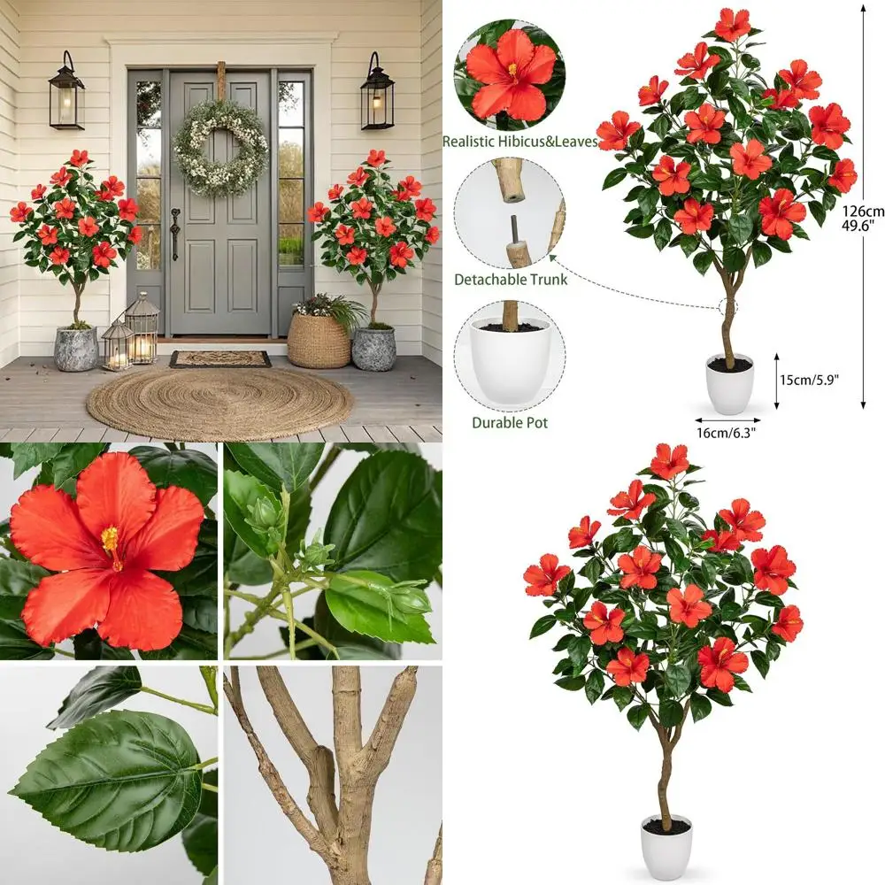 

Реалистичное искусственное дерево гибискуса высотой 1,25 м с красными цветами - комнатное/уличное растение в горшке для декора дома и патио
