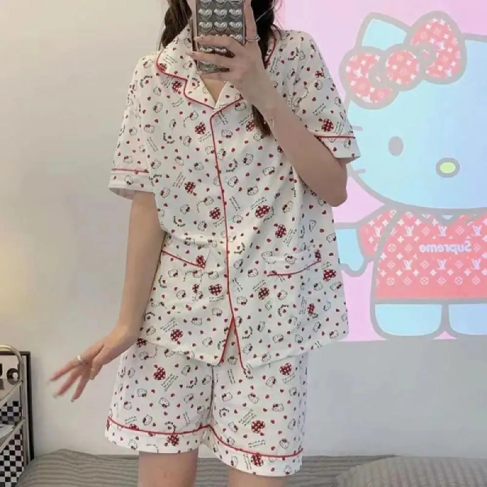 Anime Hello Kitty Cotton Pajamas Suit Sanrioed Cute Sweet Soft Comfort Nightgown Suit Refreshing Two Piece Set Girls Tops Shorts