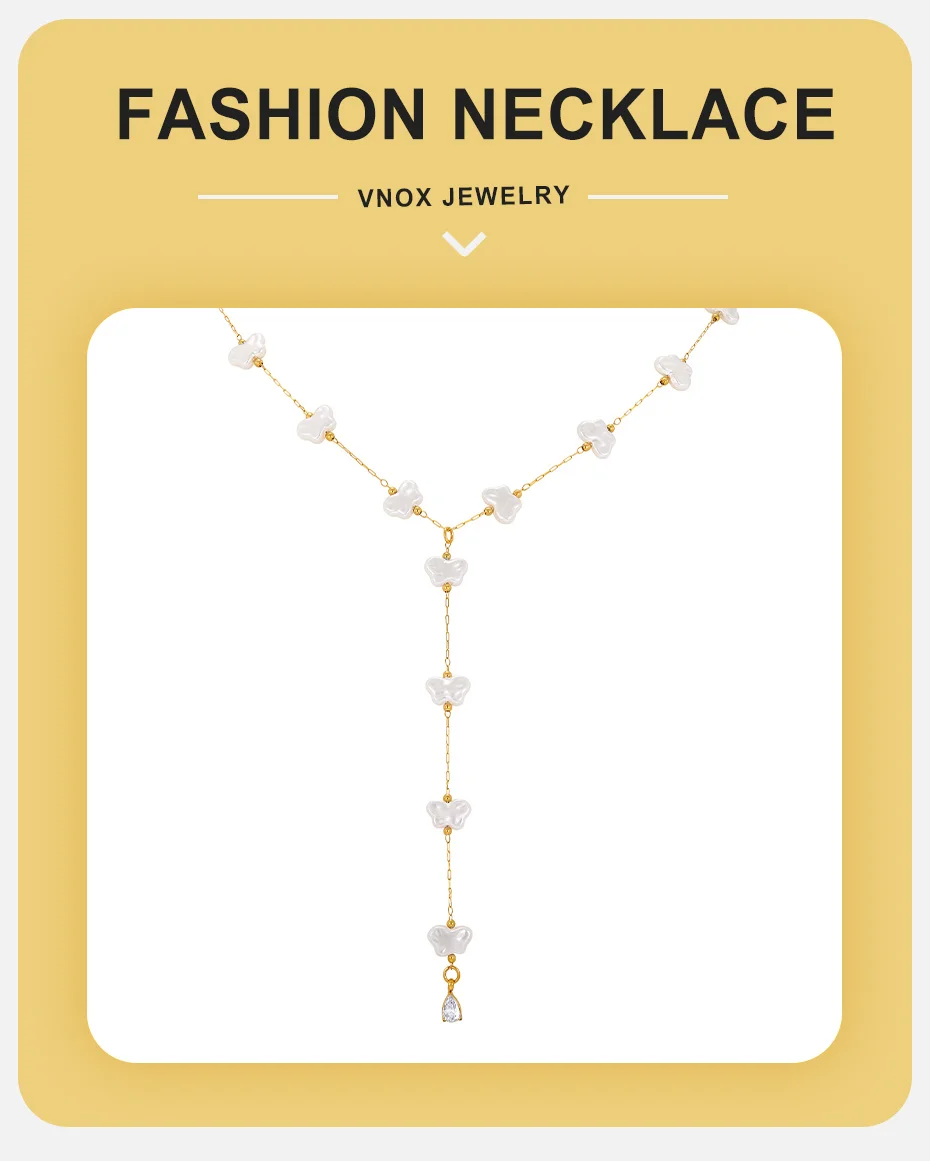 Vnox Niedliche Schmetterlings-Imitationsperlen-Y-förmige Halskette für Frauen, 18K vergoldet, Tropfenanhänger, Schlüsselbein-Halskette, Street-Schmuck – Detail 1