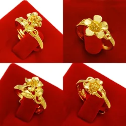 Real 18K Gold Color Ring for Women's Vintage Glossy Flowers Ring for Girlfriend Fashion Birthday Wedding Engagement Gifts